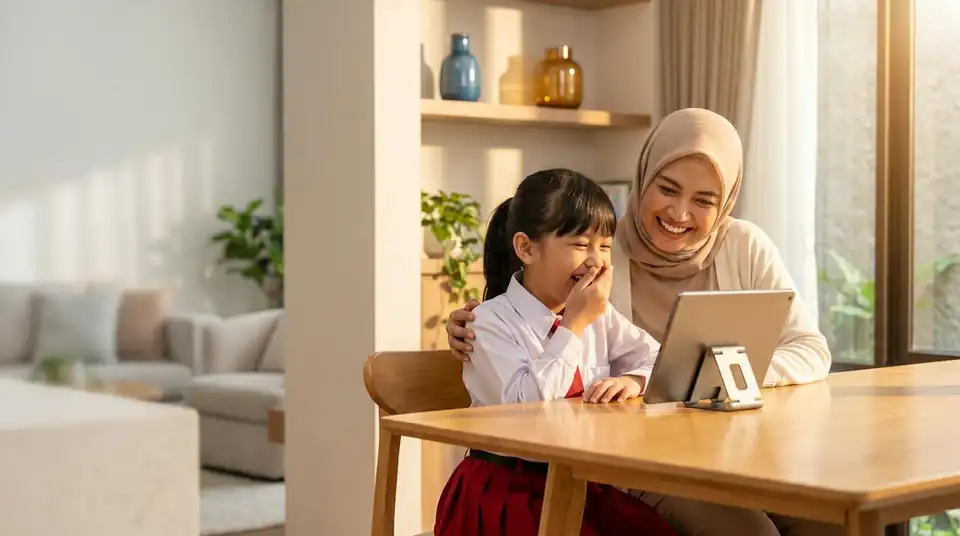 Seorang ibu dan putrinya tertawa bersama saat belajar dengan ASAH di tablet
