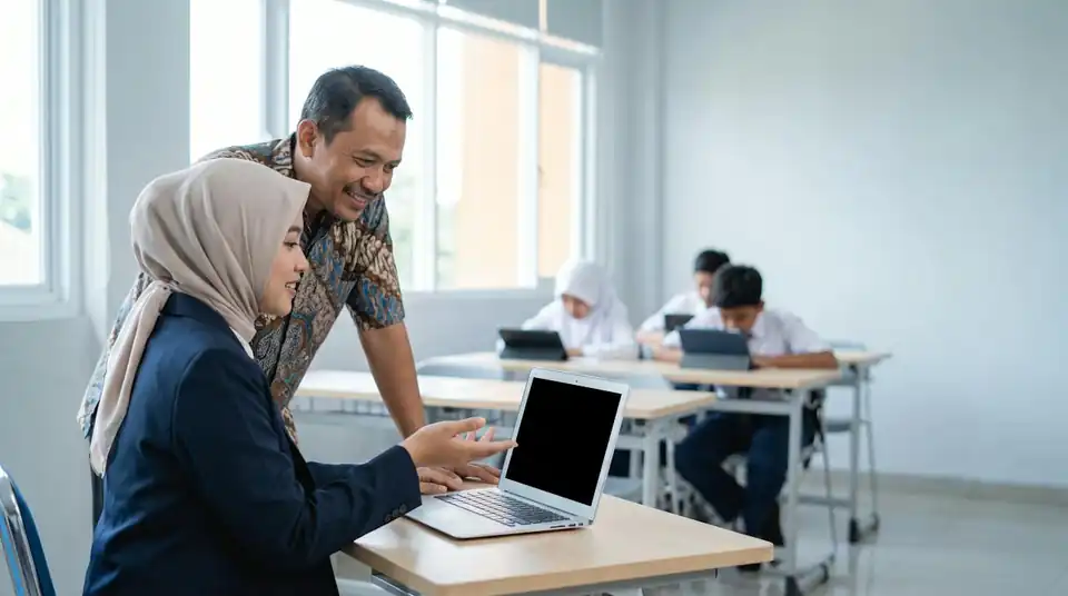 Kepala sekolah mendampingi guru yang memeriksa dasbor ASAH di laptop